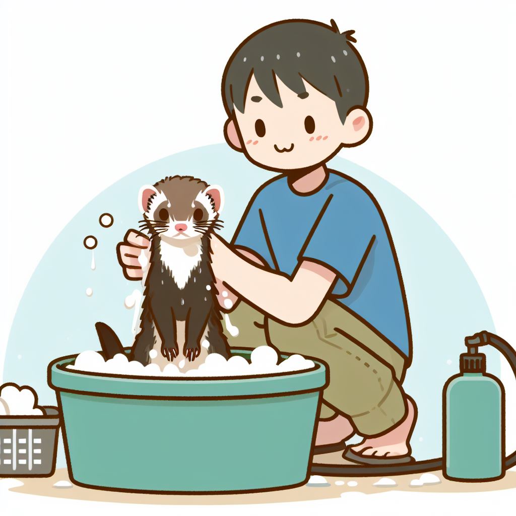 ferret owner bathing a ferret
