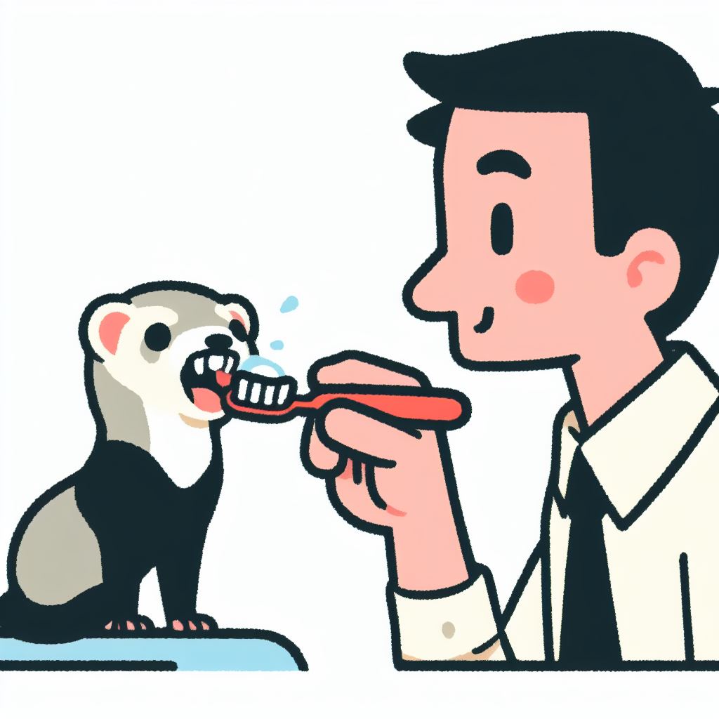 ferret owner brushing a ferret's teeth