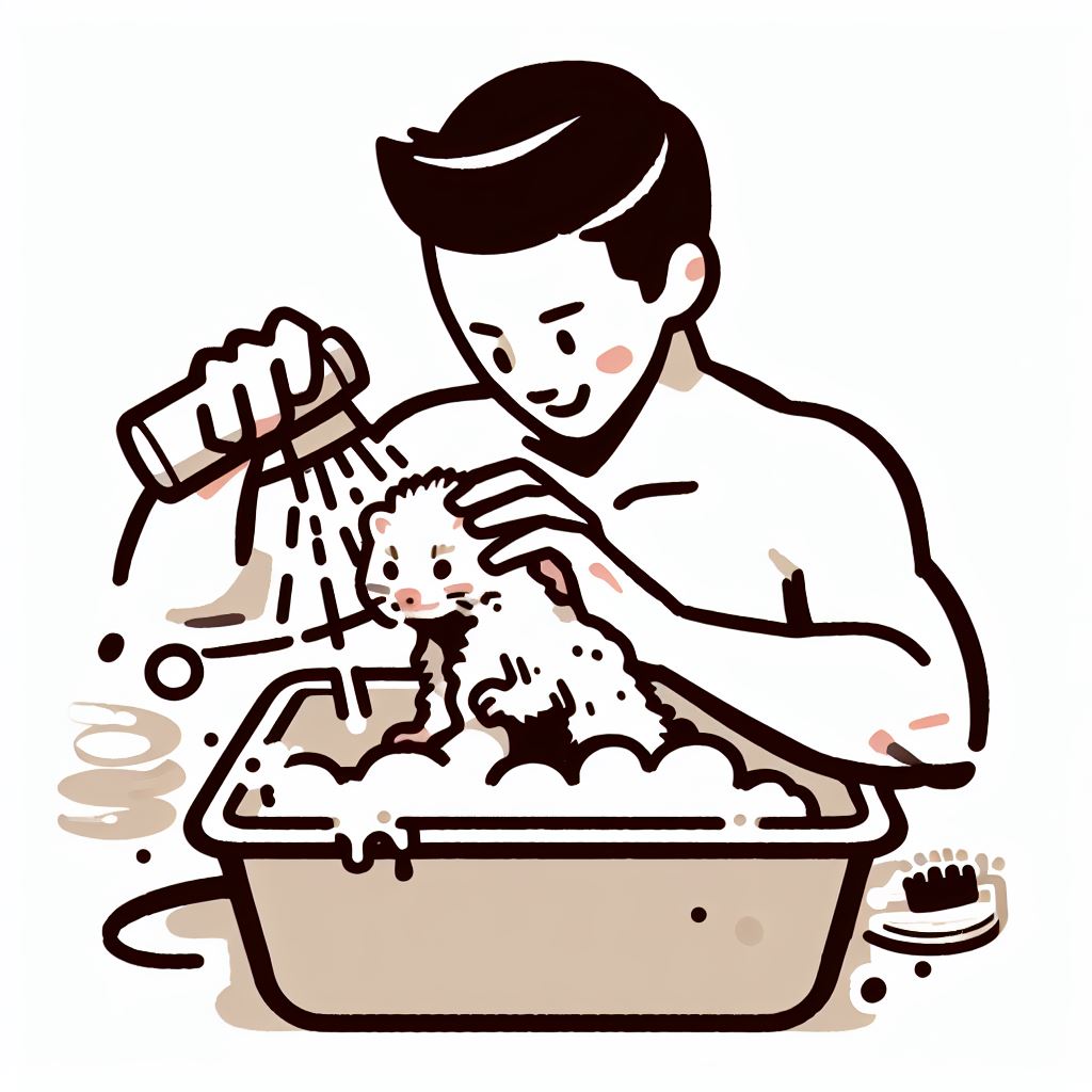 a man bathing a ferret with a shampoo