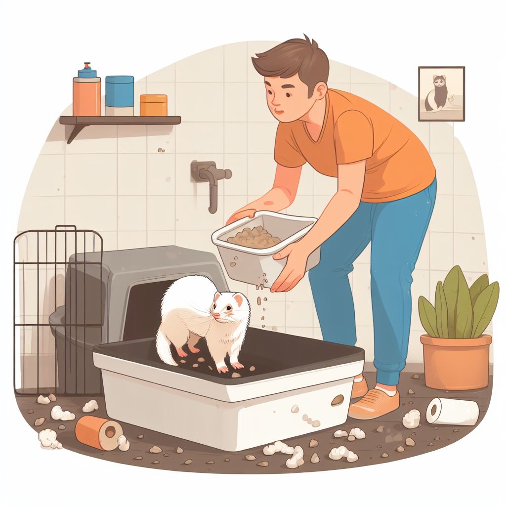 Ferret owner cleaning the litter in the litter box