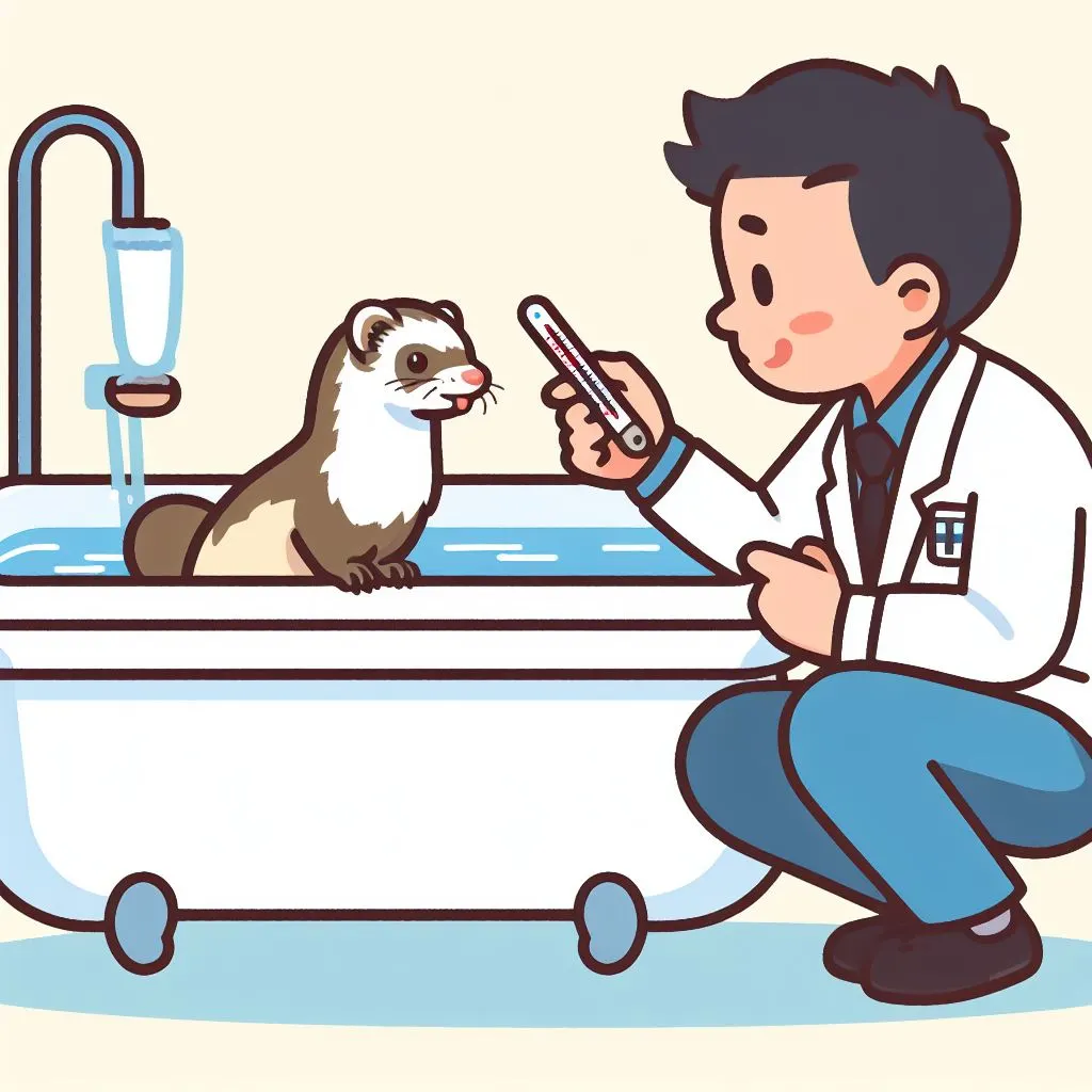 ferret owner using a thermometer for checking the temperature of a bathtub