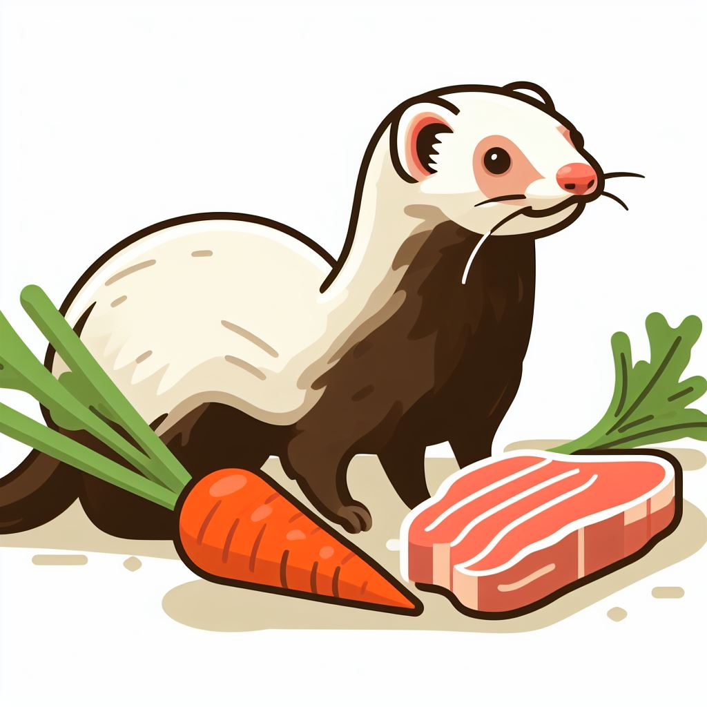 ferret with some carrots on the left side and chicken meat on the right side