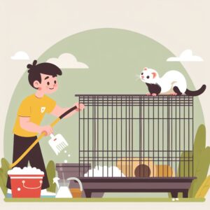 ferret owner cleaning a ferret cage