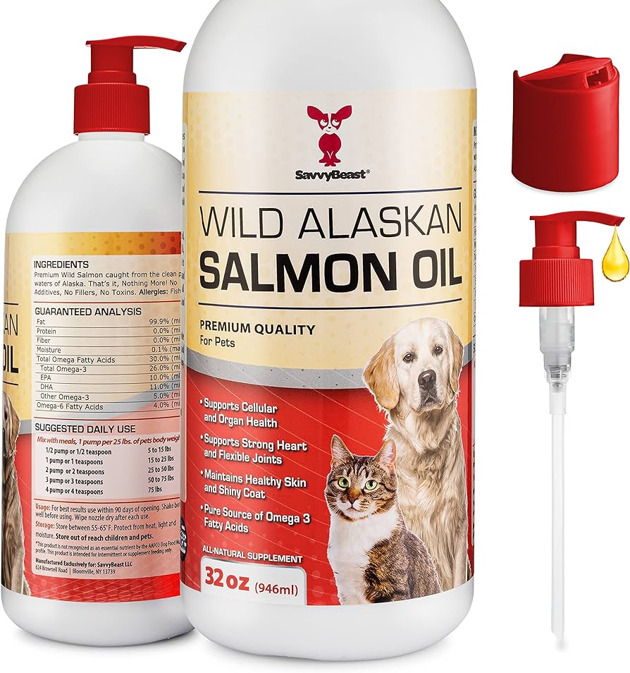Pure Wild Alaskan Salmon Oil for Dogs, Cats, Ferrets - 16 oz Liquid Omega 3 Fish Oil, Pump on Food - Unscented All Natural Supplement for Skin and Coat, Joints, Heart, Brain, Allergy, Weight, Immune
